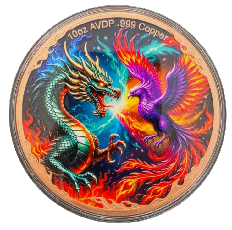 Dragon Vs Phoenix 10 oz Copper Coin Colorized Copper in Capsule