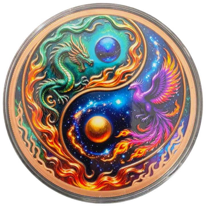 Dragon Vs Phoenix 10 oz Copper Coin Colorized Copper in Capsule