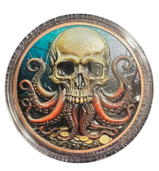 Skull Pirate Kraken Treasure 5 oz Colorized Copper Round