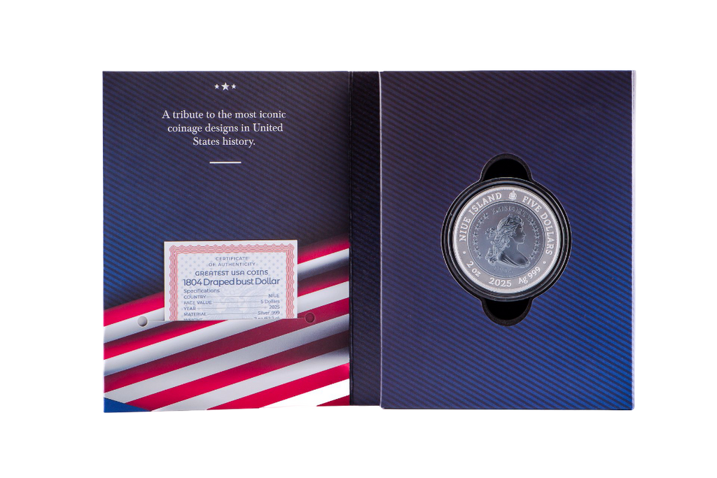 Niue $5 2025 Silver 999. 2oz AF: 1804 Draped bust GREATEST USA COINS