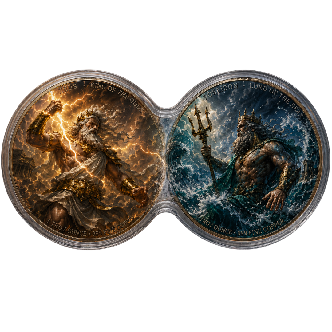 Zeus vs Poseidon 2 x 1 oz Copper Rounds Colorized