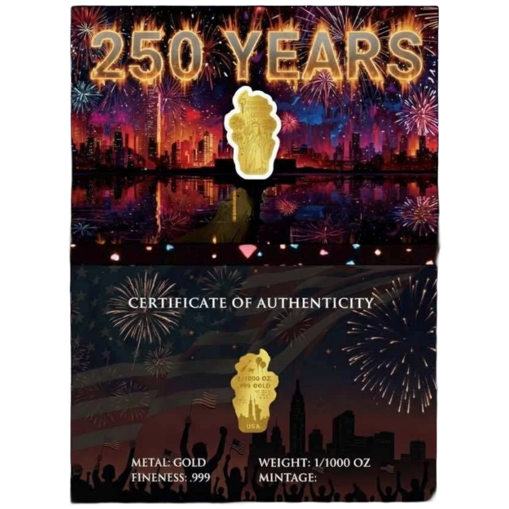 2026 USA 250 Years New Year 1/1000 oz .999 Pure Gold Shaped Coin with Certificate of Authenticity Card