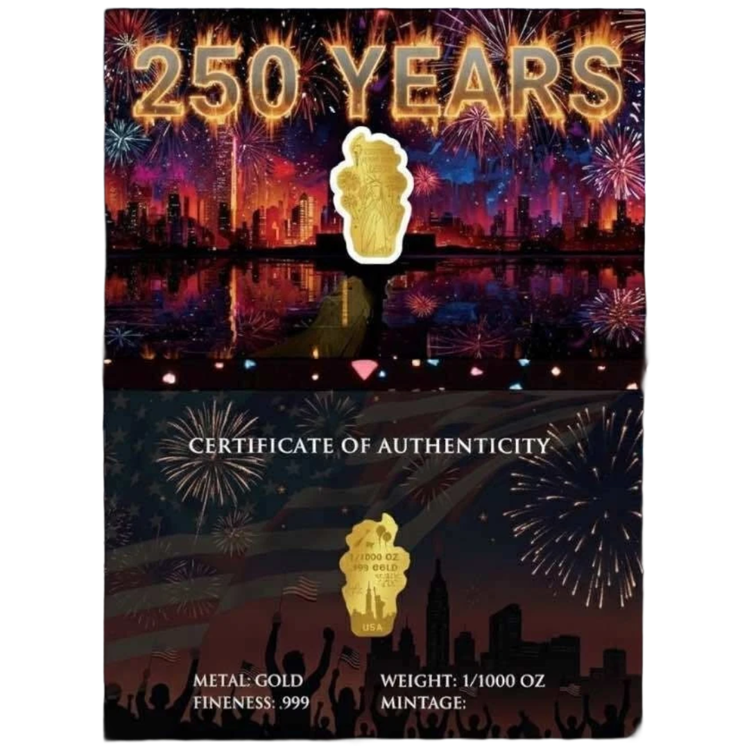 2026 USA 250 Years New Year 1/1000 oz .999 Pure Gold Shaped Coin with Certificate of Authenticity Card