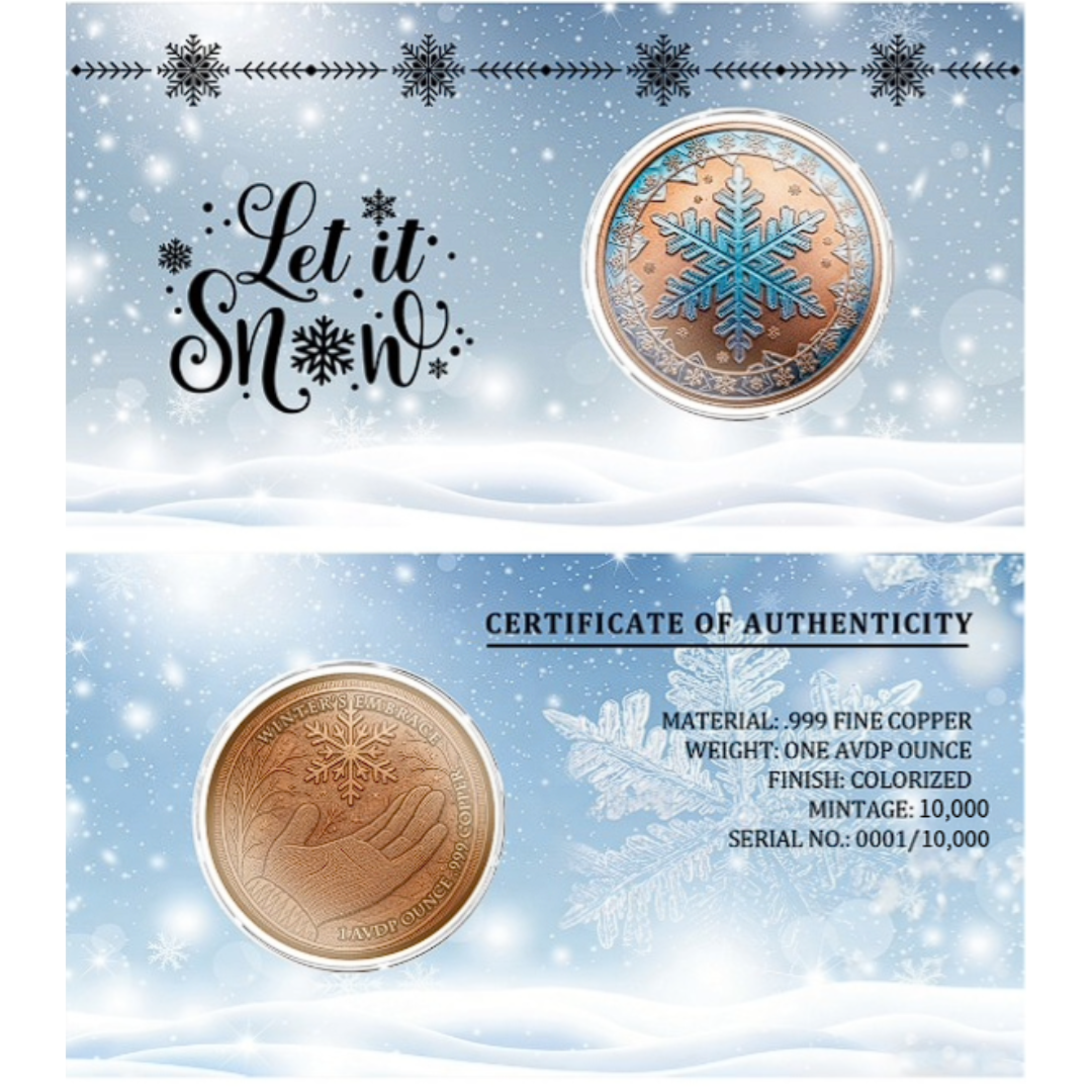 Winter Snowflake 1 AVDP oz Colorized .999 Fine Copper Round with Certificate of Authenticity Card