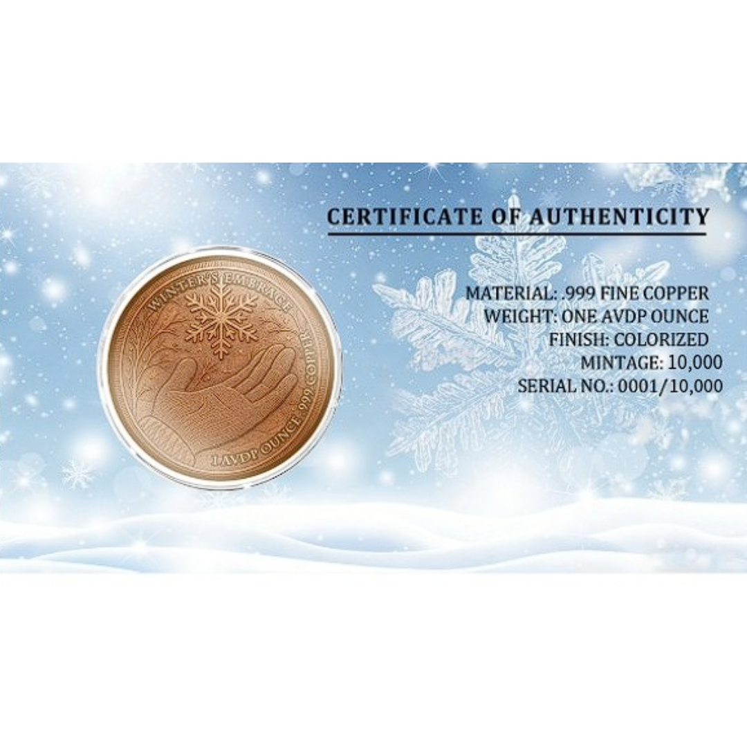 Winter Snowflake 1 AVDP oz Colorized .999 Fine Copper Round with Certificate of Authenticity Card