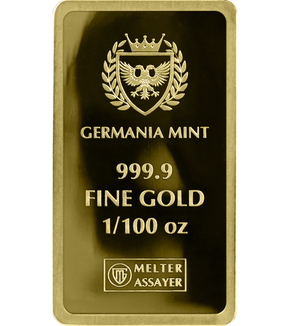 Germania Mint 1/100oz Gold Minted Proof Bar w/Safepack Assay Card