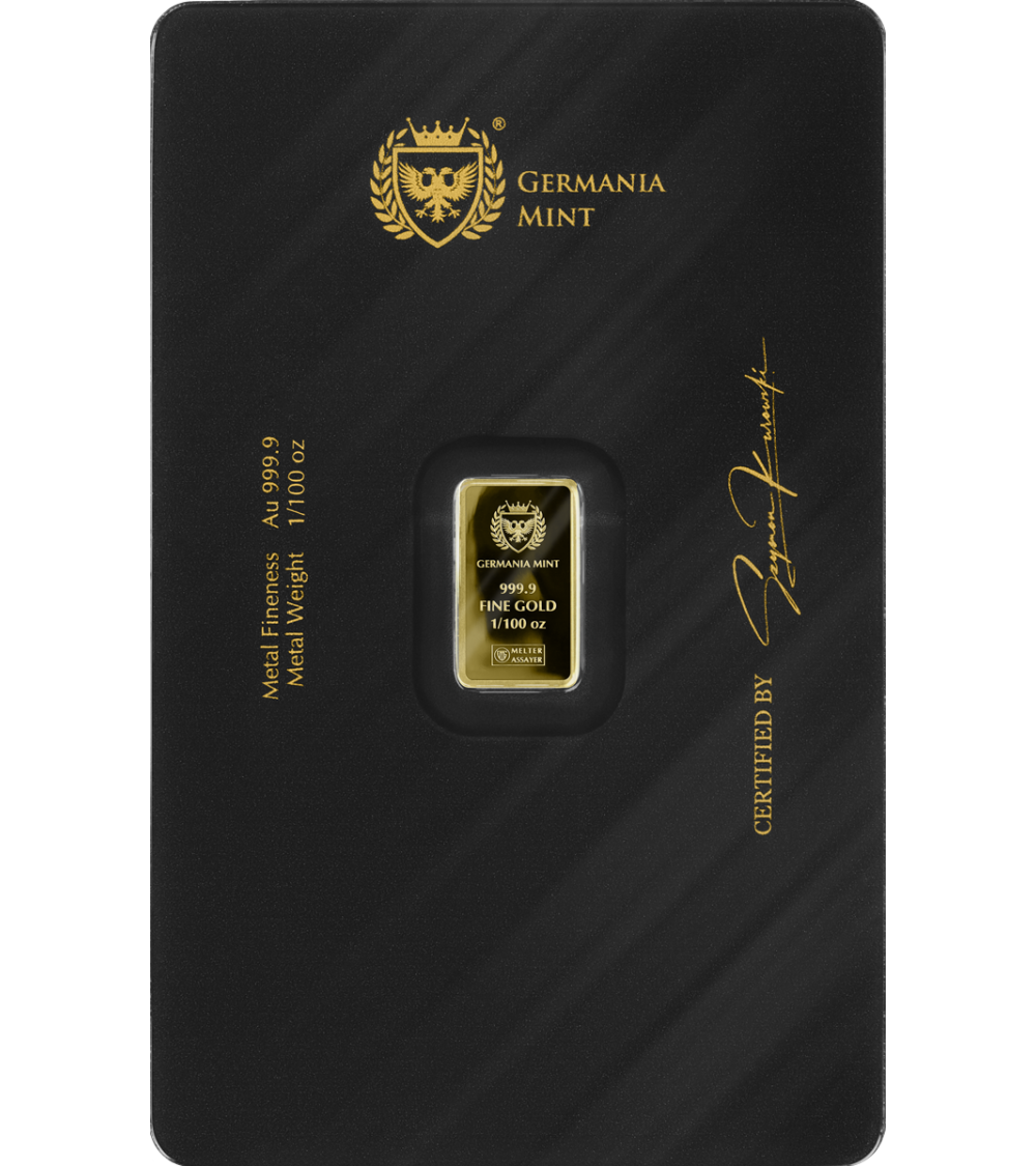 Germania Mint 1/100oz Gold Minted Proof Bar w/Safepack Assay Card